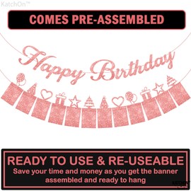 KatchOn, Rose Gold Happy Birthday Banner Glitter - 2 Strings, 10 Feet Pre-Strung | Rose Gold Birthday Banner for Happy Birthday Rose Gold Decorations | Picture Banner Rose Gold Birthday Decorations