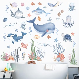 wondever Under The Sea Wall Stickers Ocean Fish Whale Sharks Sea Turtles Peel and Stick Wall Art Decals for Kids Bedroom Baby Nursery Bathroom