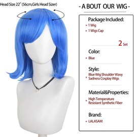 LALASAM- LALSAM Sadness Peluca Bob Azul Niñas Peluca de Anime Azul con Flequillo Mujeres Resistente al Calor Peluca de Cosplay Sintética C