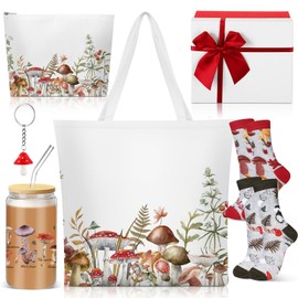 9 Pcs Mushroom Gifts for Women Plant Lover Gifts Stuff 16 OZ Coffee Cups with Straw Lid Brush, Mushroom Keychain, Socks, Tote Bag Cosmetic Bag for Christmas Birthday Gardener (Light Mushroom)