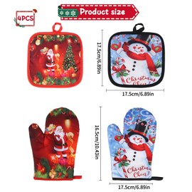 Christmas Oven Gloves and Pot Holders Set of 4, Oven Mitts Heat Resistant Oven Gloves, Christmas Baking Gloves Set for Kitchen Barbecuing BBQ