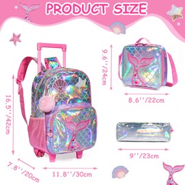 ZBAOGTW Mermaid Rolling Backpack for Girls Kids Backpack with Wheels for Elementary Kindergarten Girls Wheeled Backpack Carry on Luggage for School Travel