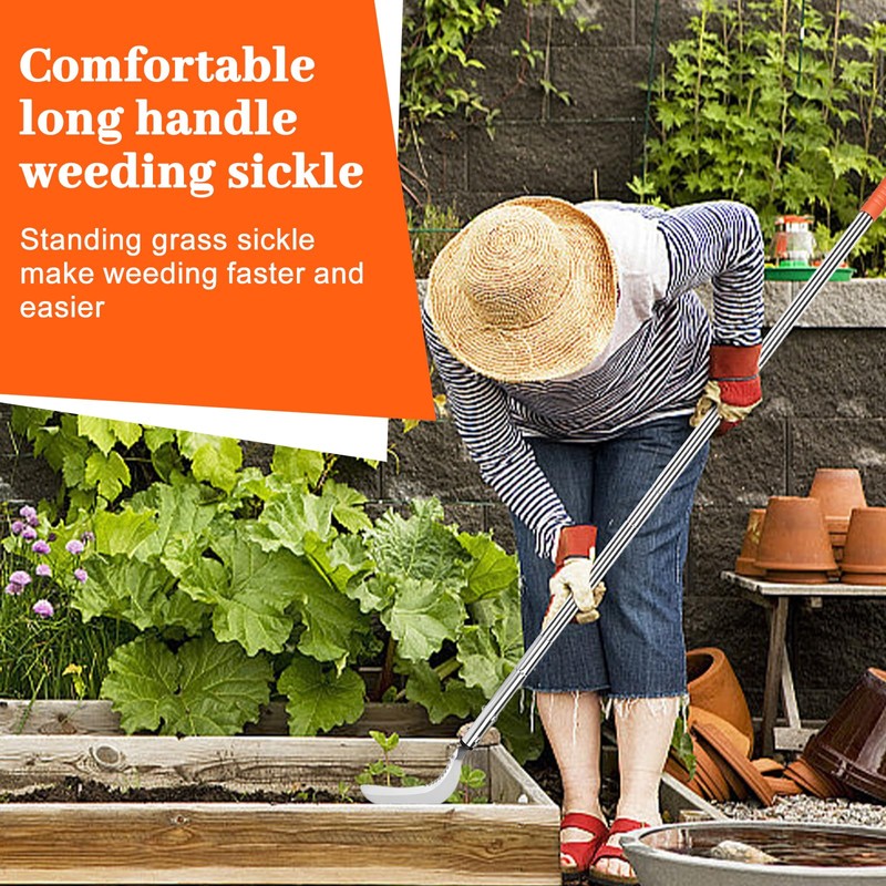 HRADHOL Weeding Sickle,Stainless Steel Long Handle Double Serrated Blade Grass