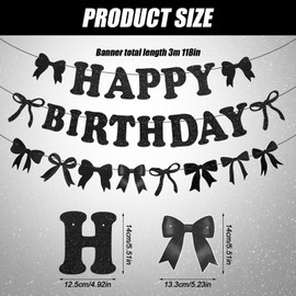 Happy Birthday Banner Garland with Bow, Black Bow Birthday Party Decoration for Girls Coquette Party Hanging Swirl Decoration Set Satin Ribbon for Bow Party Decoration