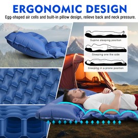 OPP ULITE Camping Air Bed Self Inflating Sleeping Pad, 10CM Thicken Sleeping Mat with Foot Pump & Pillow Ultralight Portable Camping Mattress Waterproof for Hiking, Outdoor, Camping, Travel, Dark Blue