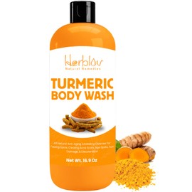 Herblov Turmeric Body Wash – Skin Brightening Liquid Soap for Discoloration – Natural Anti Aging Exfoliating Turmeric Body Wash for Spots, Acne, Sun Damage – Bath Soap Skincare