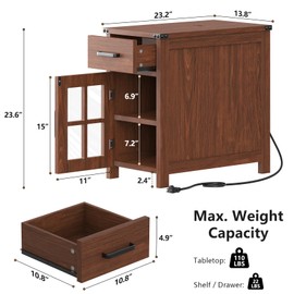VVFLU Farmhouse End Table with Charging Station and 1 Storage Cabinet, 1 Drawer, Cherry Wood Nightstand Narrow, Skinny Side Table, Slim Bedside Table, Small Nightstand for Bedroom, Living Room, Sofa