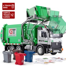 Garbage Truck Toys Metal Cab, Realistic Trash Truck Toys for Boys Kids with Lights and Sounds, Friction Powered Recycling Vehicles, Front Loader with Dumpster, 4 Trash Bins, 12"