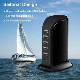 Universal 6-in-1 40W USB-C Charger Hub, 5 USB Ports Multiport Station, Black