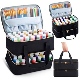 Abbylike Acrylic Paint Organizer Case for up to 56 Bottles (2 Oz) Double Layer Art Supply Storage Bag Alcohol Ink Storage Paint Carry Case with Foam Insert and Inner Pocket(Black)