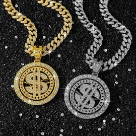 Xikui Money Chain Fake Gold Necklace, 20inch Cuban Chain with 3Pcs Replacement Dollar Pendant, Men Rapper Hip Hop 70s 80s 90s Costume Necklace (Gold)