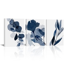 VANSEEING 3 Piece Navy Blue Flower Canvas Wall Art Blue Abstract Prints Modern Pictures Paintings Wall Decor Artwork for Living Room Bedroom Office Home Decor 12x16inchx3pcs