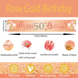 Happy 50th Birthday Banner,50th Birthday Decoration Rose Gold,Party Backdrop Banner Fabric Banner for Women Men 50th Birthday Photo Backdrop,Photography Background,Outdoor Yard Garden Table Wall Decor