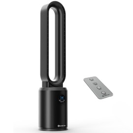 Comfort Zone 40-Inch Bladeless Tower Fan for Bedroom, 3-Speed Stand Fan with Remote Control, 9-Hour Timer, Wide Oscillation & Digital Push-Button Display – Quiet Home Floor Fan, Black