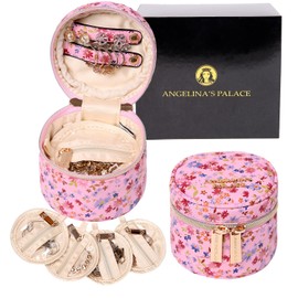 Angelina's Palace Round Jewelry Organizer Case Travel Bag Bridesmaid Gifts Vegan Leather Box for Necklace Earring Bracelet Ring(blossom pink)