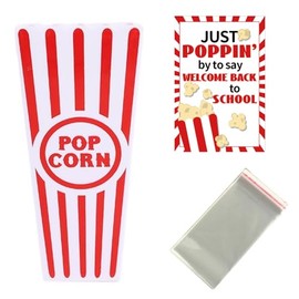 TaoBary 24 Sets Back to School Gifts Bulk for Students Include Red White Striped Popcorn Containers Box Holders, Welcome Back to School Tags, Goody Bag and Twist Ties for Classroom Decoration