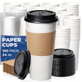 Fit Meal Prep 24 oz 100 Pack To Go Coffee Cups with Lids and Sleeves, Disposable Paper Coffee Cups with Lids for Hot/Cold Beverage