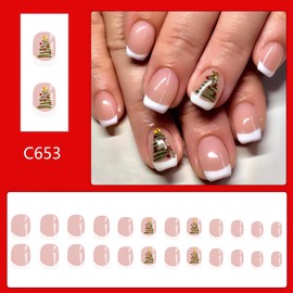 24Pcs Christmas Press on Nails Square with Christmas Tree Designs Full Cover Christmas Short Fake Nails Cute Christmas Nails Press ons for Women Acrylic Nails Decorations Manicure Tips Accessories