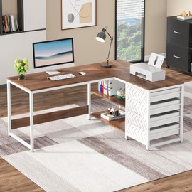 Tribesigns L Shaped Computer Desk with Storage Drawers, 59 inch Corner Desk with Shelves, Reversible L-Shaped Office Desk Study Writing Table Workstation for Home Office, Walnut & White