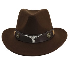 Western Cowboy Hat Wide Brim Felt Cowgirl Fedora Classic Panama Cowboy Hat with Belt Buckle for Women Men Brown