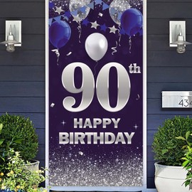 Happy 90th Birthday Banner Backdrop Navy Blue and Silver Balloons Confetti Stripe Flag Cheers to 90 Years Old Theme Decorations Decor for Men Women 90th Birthday Party Bday Supplies Glitter