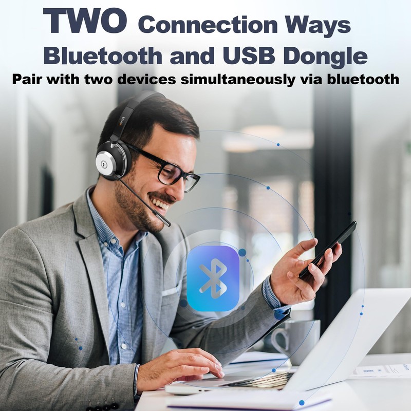 Wantek Headset mit Mikrophone, Wireless Headset 882BT mit Ladestation, V5.2