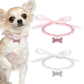 Dog Cat Pearl Collar, 2 Pcs Dog Pearl Necklace Collars Bone Shape Rhinestone Pet Necklace Cute Cat Collar Puppy Accessories Fancy Dogs Jewelry for Puppy, Small Cats (Pink, White)