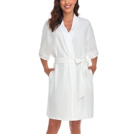 COLORFULLEAF Women's 100% Cotton Robes Summer Short Sleeve Bathrobe Knee Length Sleepwear with Pockets(White,XL)
