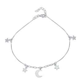 Vanbelle Sterling Silver Jewelry Hanging Moon and Star Anklet with Rhodium Plating for Womens