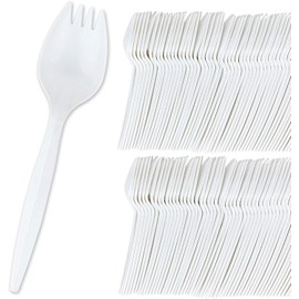 Stock Your Home 100 Disposable Sporks, White Plastic Sporks â Kid Safe 2 in 1 Utensils â Fork Spoon Perfect for School Lunch, Picnics, Catered Events, Restaurants and Kids Birthday Parties
