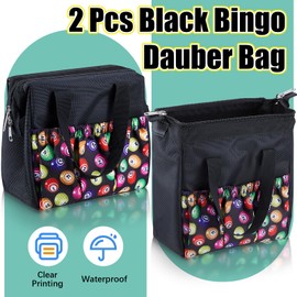 Paterr 2 Pcs Black Bingo Dauber Bag with 6 Pockets Large Capacity Bingo Tote Bag with Zipper and Handle Bingo Bag Travel Carrying Case Makeup Bag for Bingo Game Lover Gift