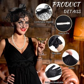 PLULON 8 Pieces 50s Fascinators Hat for Women Tea Party with Short Lace Gloves Pearl Necklace Earrings for 1920s Party