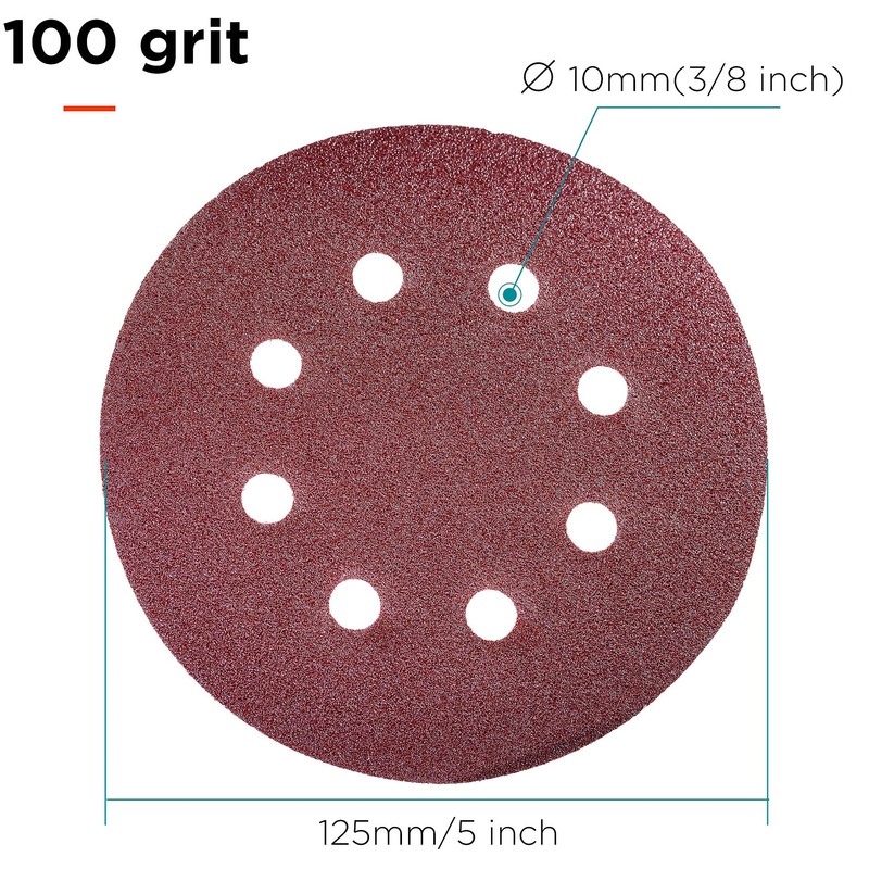 YoiYee 100 Grit Sanding Discs Pads, 8 Holes, 125mm/5-inch Hook