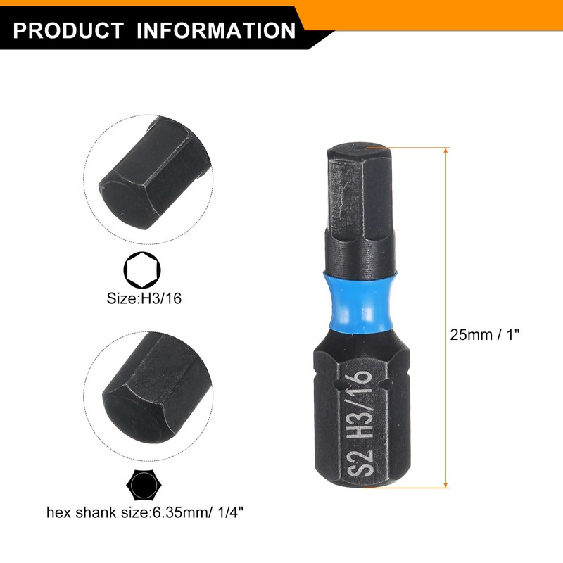 HARFINGTON 2pcs H3/16 SAE Hex Screwdriver Bit 1/4" Hex Shank