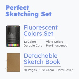 72Pcs Sketching Pencils Set - Drawing Sketch Kit includes 12 Colored Pencil & 60 Sheets Sketchbook, Gifts for Adults Teens Girls Boys Kids Art Beginners, Fluorescent Colored Set