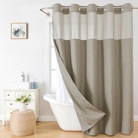eachope Extra Long No Hooks Needed Linen Textured Shower Curtain with Snap-in Fabric Liner Set,Hotel Luxury Decor Shower Curtains for Bathroom,Waterproof & Washable,71Wx86H,Khaki/Tan