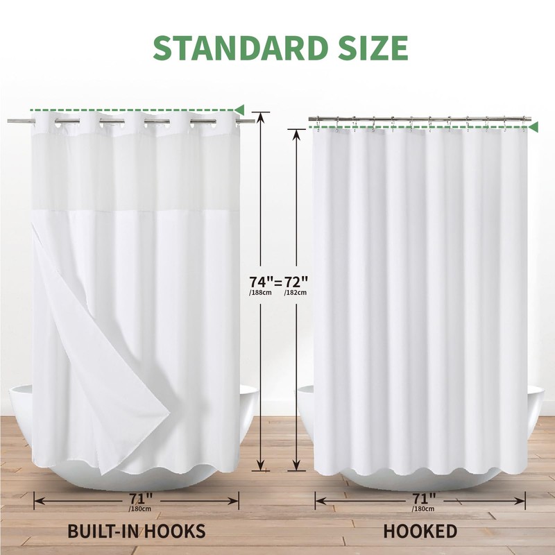 eachope White No Hook Shower Curtain with Snap-in Fabric Liner