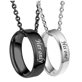 MJartoria Matching Necklaces for Couples-His and Her Engraved Ring Pendant Necklaces Anniversary Valentines Day Gifts for Boyfriends Girlfriends, Stainless Steel, No Gemstone