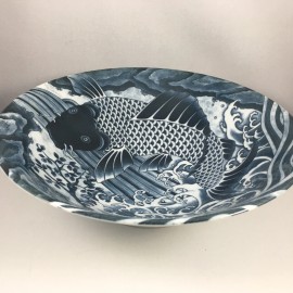Made in Japan SET of 2 Japanese Noodle Rice Soup Bowl 10"D Porcelain Navy Black Koi JAPAN MADE