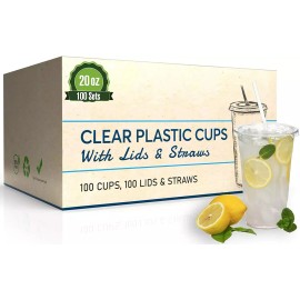 [100 Sets - 20 oz.] Disposable Clear Plastic Cups with Flat Lids and Straws