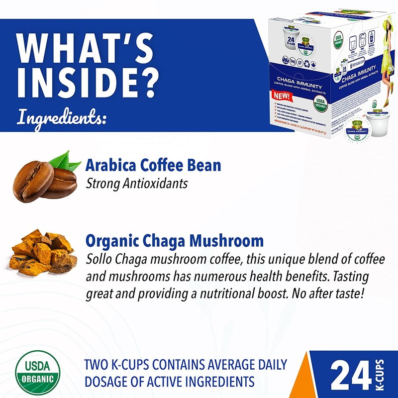 SOLLO Chaga Mushroom Coffee Pods, Infused, Compatible With 2.0 K-Cup