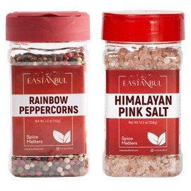 Eastanbul Salt and Pepper for Grinder Refill, Rainbow Peppercorns Whole 4.9oz & Pink Himalayan Salt 12.3oz, Rainbow Peppercorns for Grinder Refill, Natural Himalayan Pink, Spice Buddies Series