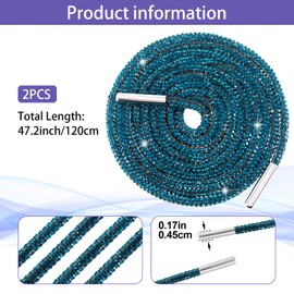 PAGOW 1 Pair Rhinestone Glitter Rope, Crystal Bling Bling Shiny Round Shoe Laces for Sneakers, Drawstring Cords Replacement for Sweatpants Shorts Crystal Hoodies (Peacock Blue, 120cm)