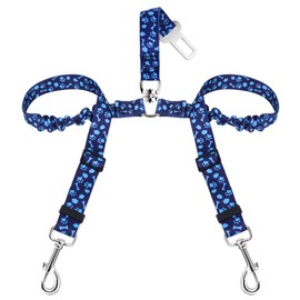 SlowTon Dog Seat Belt, Double Dog Seatbelt Adjustable Vehicle Safety Leash with Elastic Bungee Buffer, Reflective No Tangle Y Shape Two Dog Harness Seat Belt Splitter for Pets Car Trip (Blue Paws, S)