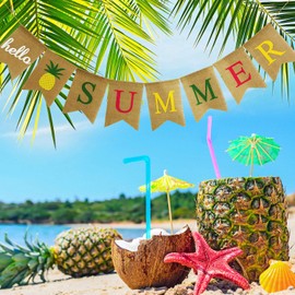 Hello Summer Burlap Banner Rustic Summer Banner with Flamingo Pattern Summer Garland Flag Decoration for Pool Party, Beach Party, Barbecue Party (Color Set 2)