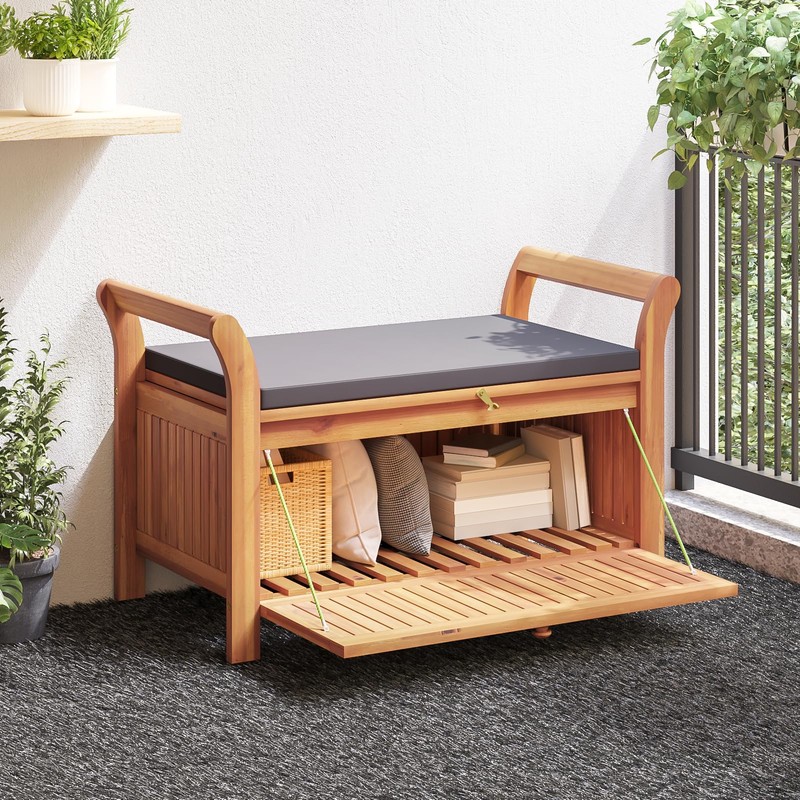 vidaXL Garden Storage Bench, Solid Acacia Wood, Gray Cushion Included,
