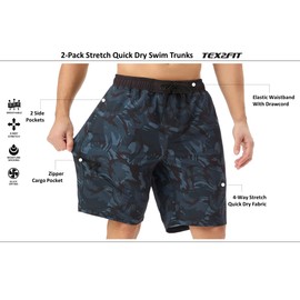 TEX2FIT 2-Pack Men’s Swim Shorts with Zippered Side Pocket, Quick-Dry Stretchy Swim Trunks with Mesh Lining (Grey Red Strips/Black Camo, Medium)