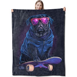 Pug Blanket, Soft Cozy Lightweight Flannel Pug Throw Blanket for Couch, Bedding, Travel, Fuzzy Pug Decor Pug Gifts for Outdoor and Indoor 60×50IN