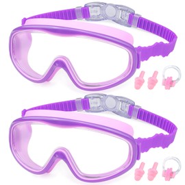 KAILIMENG - Gafas de natación para niños, visión amplia, sin fugas, antiniebla, protección UV, con clip para la nariz y tapones, para los oídos para niños de 3 a 15 años (Morado y morado, 2 unidades)