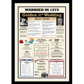 MARRIED IN 1975 GOLDEN WEDDING Anniversary Gift Poster anniversary Decorations for 50th WEDDING Anniversary or alternative to Golden wedding anniversary cards Highlights of the Year A4 FRAMED Poster